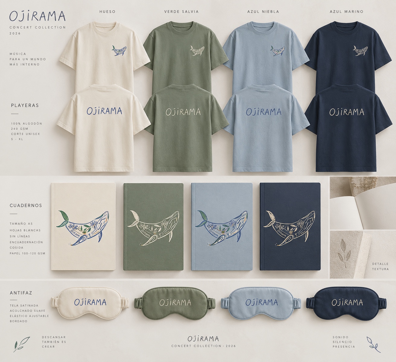 Colección Ojirama con playeras, cuadernos y antifaces