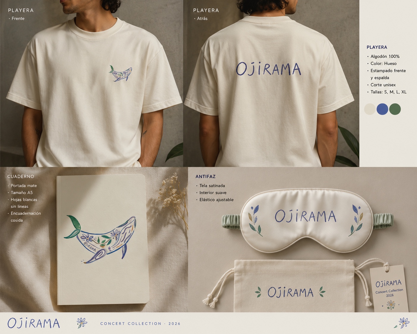 Detalles de playera, cuaderno y antifaz Ojirama